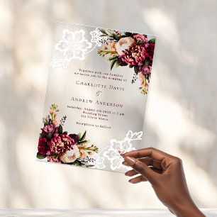 Invitaciones Acrílicas Boda de encaje floral rosa burdeos melocotón