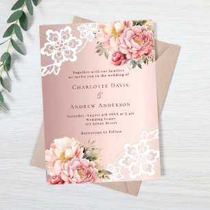 Invitaciones Acrílicas Boda de encaje floral rosa oro rosa