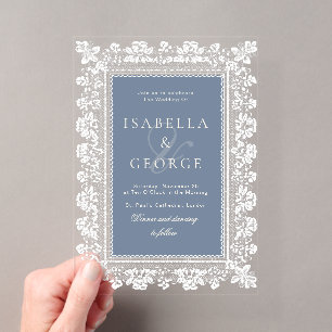 Invitaciones Acrílicas Boda de encaje vintage azul pizarra polvoriento