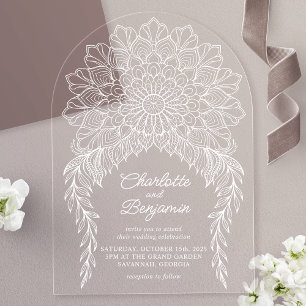Invitaciones Acrílicas Boda de enredadera frondosa mandala boho blanca
