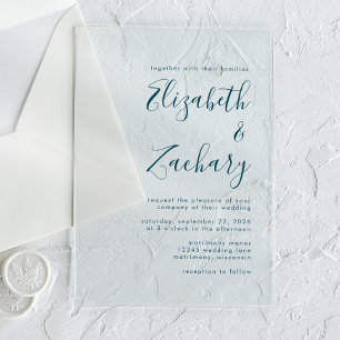 Invitaciones Acrílicas Boda de escritura azul teal minimalista moderna