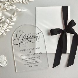 Invitaciones Acrílicas Boda de escritura barroca en blanco y negro