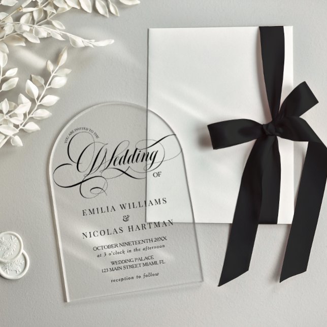 Invitaciones Acrílicas Boda de escritura barroca en blanco y negro (Subido por el creador)