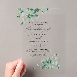 Invitaciones Acrílicas Boda de escritura blanca con eucalipto verde