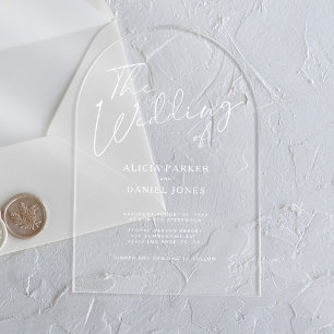 Invitaciones Acrílicas Boda de escritura de caligrafía blanca en arco mod