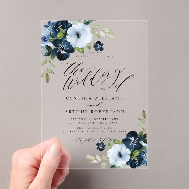 Invitaciones Acrílicas Boda de escritura floral azul claro y naval (Insitu (portátil))