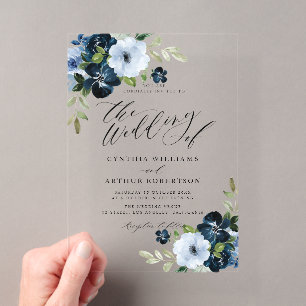 Invitaciones Acrílicas Boda de escritura floral azul marino y azul claro