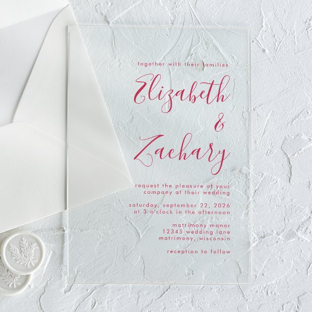 Invitaciones Acrílicas Boda de escritura magenta mínima moderna (Subido por el creador)