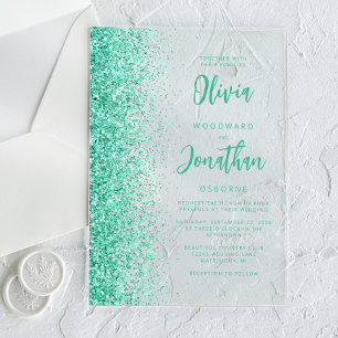 Invitaciones Acrílicas Boda de escritura moderna con brillo verde Glam Aq