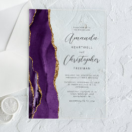Invitaciones Acrílicas Boda de escritura moderna en oro con ágata púrpura