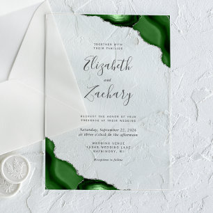 Invitaciones Acrílicas Boda de esquinas de ágata verde cazador moderno y 