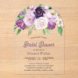 Invitaciones Acrílicas Boda de estilo rústico con flores púrpuras