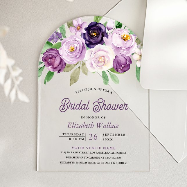Invitaciones Acrílicas Boda de estilo rústico con flores púrpuras (Subido por el creador)