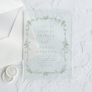 Invitaciones Acrílicas Boda de estilo victoriano vintage francés en verde