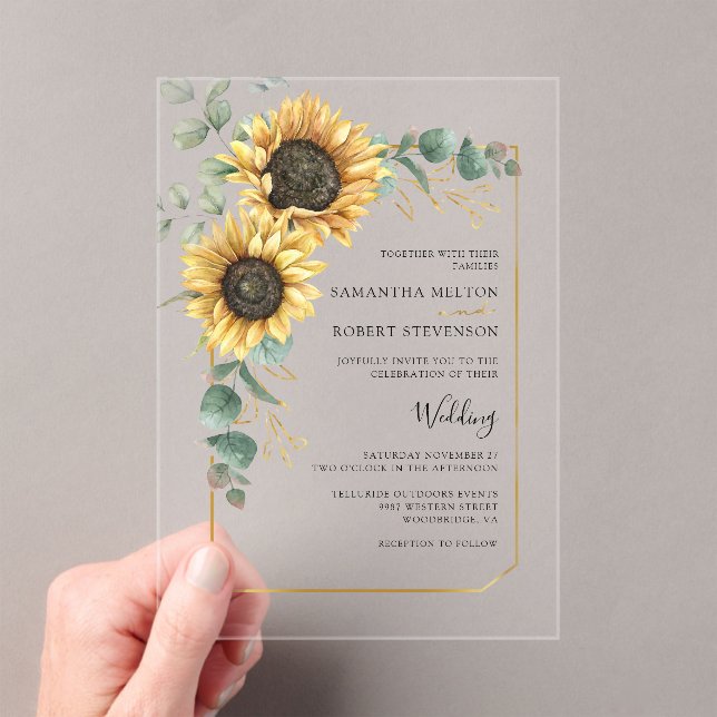 Invitaciones Acrílicas Boda de Eucalipto floral de girasol (Insitu (portátil))