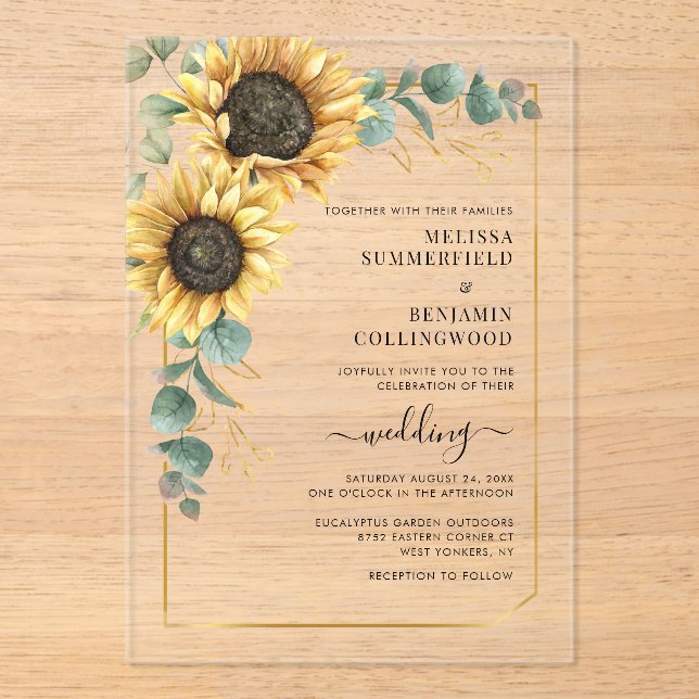 Invitaciones Acrílicas Boda de Eucalyptus de girasol floral (Anverso)