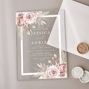 Invitaciones Acrílicas Boda de Exquisito Rubor y Marco Floral de Rosa