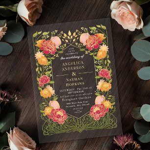 Invitaciones Acrílicas Boda de Fantasía Encantada Floral Naranja Rosa