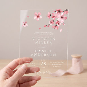 Invitaciones Acrílicas Boda de flor de cerezo rosa acuarela