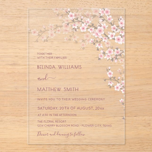 Invitaciones Acrílicas Boda de flor de cerezo rosa rubor (Anverso)