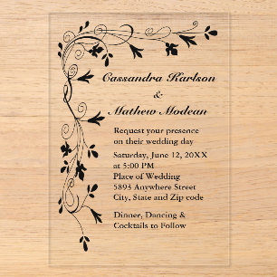 Invitaciones Acrílicas Boda de Flor de Vid Botánica Elegante Negra