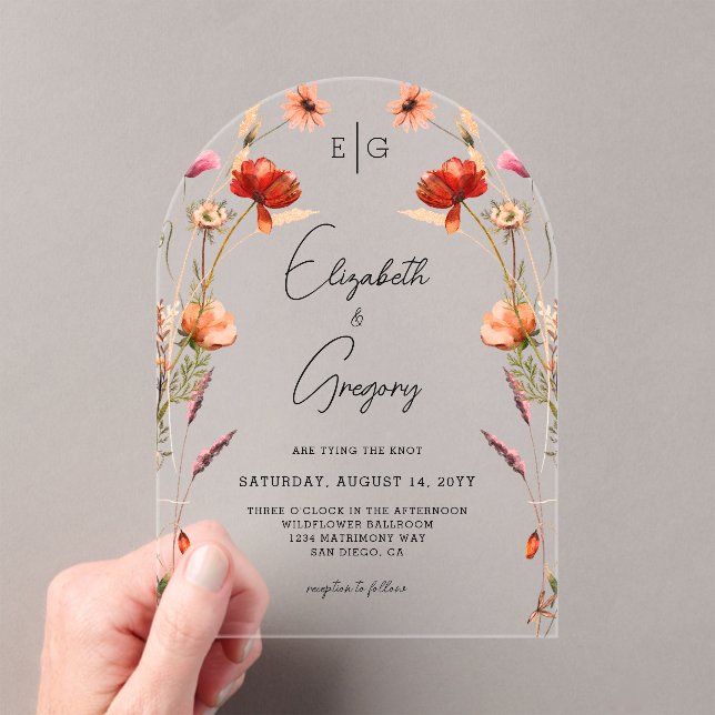 Invitaciones Acrílicas Boda de Flor silvestre monograma de Peach (Insitu (portátil))