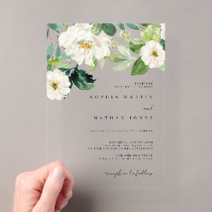 Invitaciones Acrílicas Boda de Floral Acuarela Verde Marfil