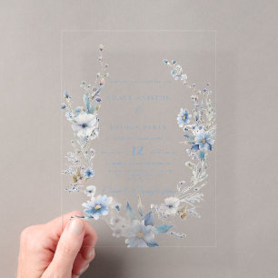 Invitaciones Acrílicas Boda de Floral Azul Polvoriento Vegetación de Prim