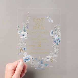 Invitaciones Acrílicas Boda de Floral Azul Polvoriento Vegetación de Prim
