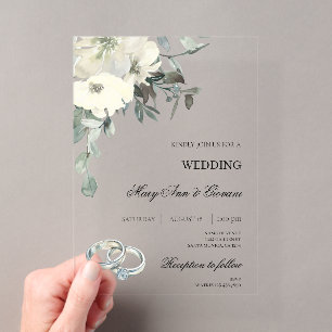 Invitaciones Acrílicas Boda de floral blanco con anillo de oro