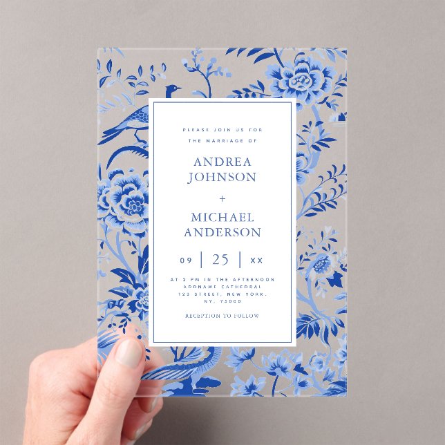 Invitaciones Acrílicas Boda de Floral Peacock Asiático de Chinoiserie (Insitu (portátil))