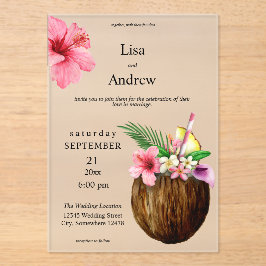 Invitaciones Acrílicas Boda de Floral y Coco Tropical Hawaiano