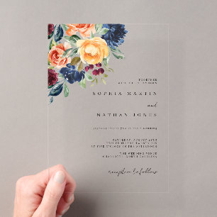 Invitaciones Acrílicas Boda de Florales de Acuarela de Borgoña de Otoño