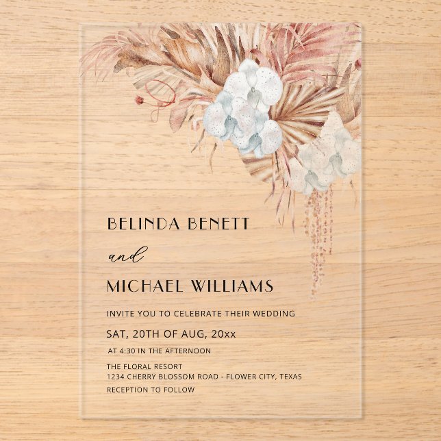 Invitaciones Acrílicas Boda de flores acuarela boho (Anverso)