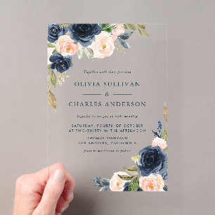 Invitaciones Acrílicas Boda de Flores Acuarela Rústica Rosa y Azul Marino