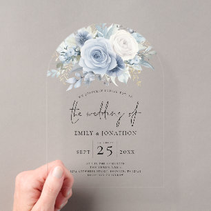Invitaciones Acrílicas Boda de flores azules polvorientas acrílicas