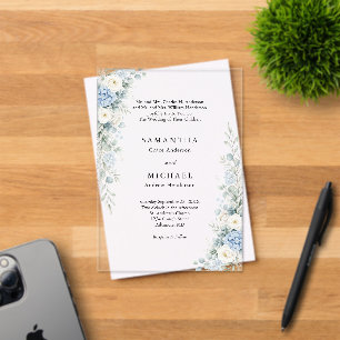 Invitaciones Acrílicas Boda de flores azules polvorientas con nombres de 
