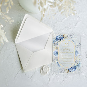 Invitaciones Acrílicas Boda de flores azules polvorientas de oro naval de