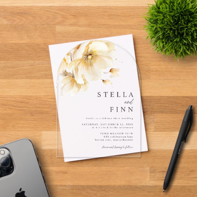 Invitaciones Acrílicas Boda de flores blancas elegantes (Insitu (Tarjeta de Invitación))