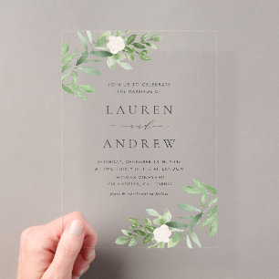 Invitaciones Acrílicas Boda de Flores Blancas y Verdor Romántico