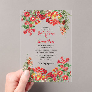 Invitaciones Acrílicas Boda de Flores Botánicas del Jardín Rojo Floral