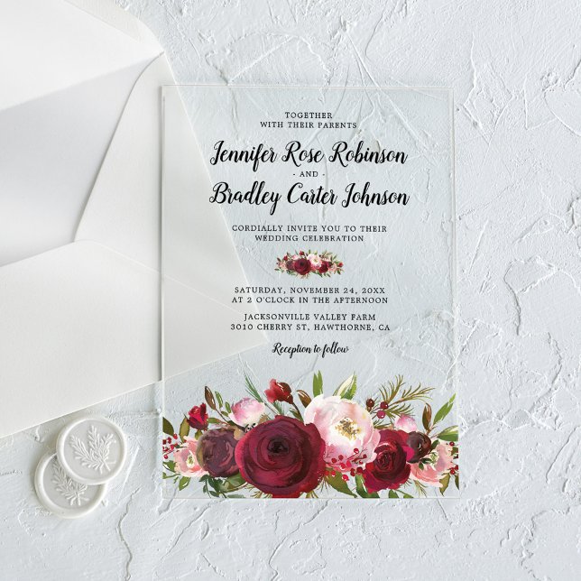Invitaciones Acrílicas Boda de Flores Burgundy Tono Rústico (Subido por el creador)