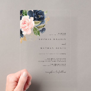 Invitaciones Acrílicas Boda de flores de acuarela en rosa naval dorado