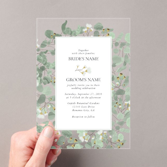 Invitaciones Acrílicas Boda de flores de flores de agua eucalipto de vege (Insitu (portátil))