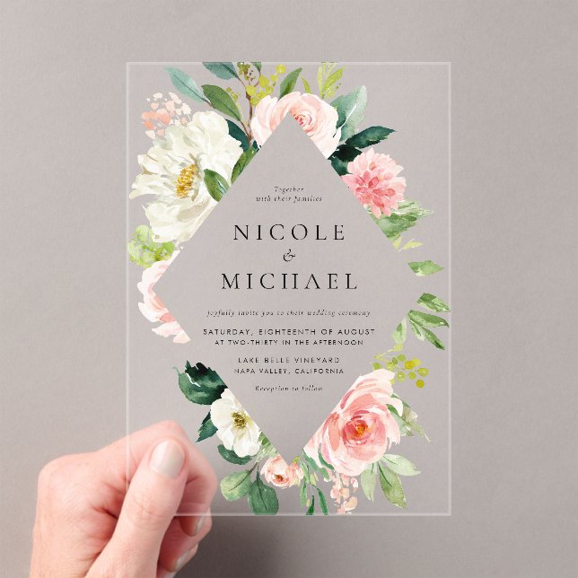 Invitaciones Acrílicas Boda de flores de jardín de acuarela romántica (Insitu (portátil))