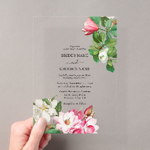 Invitaciones Acrílicas Boda de flores de magnolia acuarela