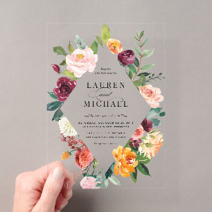 Invitaciones Acrílicas Boda de flores de otoño en acuarela marco floral