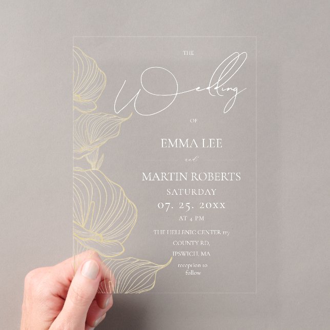 Invitaciones Acrílicas Boda de flores elegante blanco y dorado (Insitu (portátil))