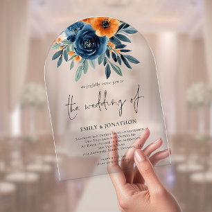 Invitaciones Acrílicas Boda de flores naranjas quemadas y marinas elegant