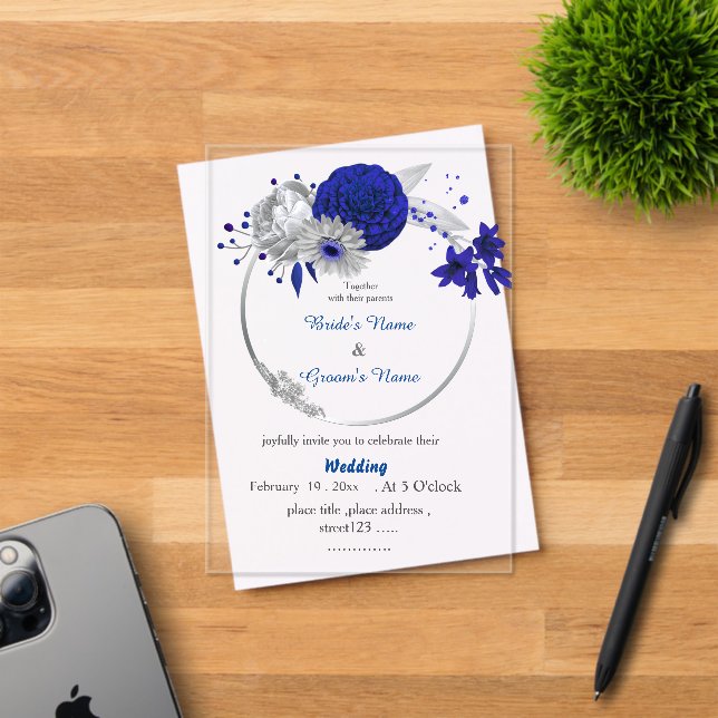 Invitaciones Acrílicas boda de flores reales azules plateadas floral flor (Insitu (Tarjeta de Invitación))